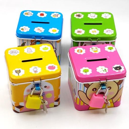 Metal Square Piggy Money Bank with Key Lock Small 6x6.2 cms