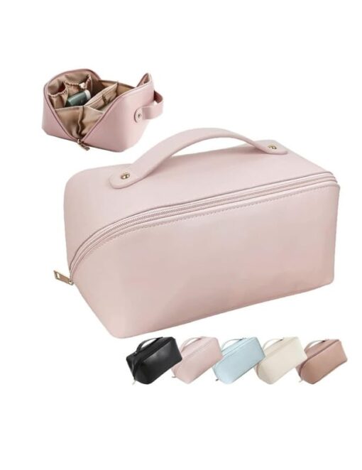 KARDIFF Cosmetic Travel Organizer, Women's Makeup Pouch Travel Bag Portable Leather Cosmetics Bag with Handle and Divider, Wide Opening Cosmetic/Makeup Organizer (Pink)