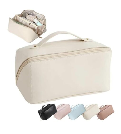KARDIFF Cosmetic Travel Organizer, Women's Makeup Pouch Travel Bag Portable Leather Cosmetics Bag with Handle and Divider, Wide Opening Cosmetic/Makeup Organizer (White)
