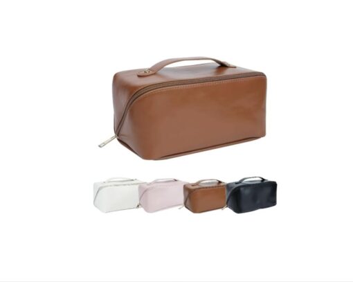 KARDIFF Cosmetic Travel Organizer, Women's Makeup Pouch Travel Bag Portable Leather Cosmetics Bag with Handle and Divider, Wide Opening Cosmetic/Makeup Organizer (Brown)