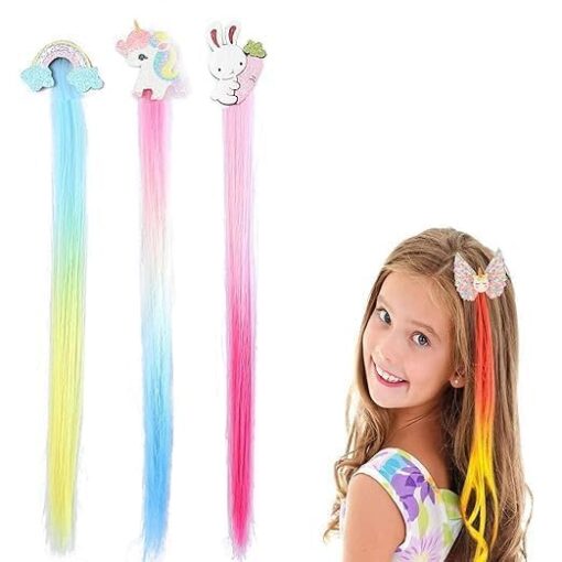 KARDIFF Kids Hair Clip in Colorfull Hair Extension Hair Clips with Tinsel Rainbow False Nylon Wig Braids Extensions Hair Styling Accessories for Baby Girls Adult, (2 PC, Multi Color)