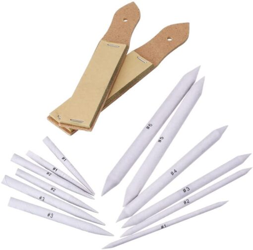 KARDIFF 12 Pieces Blending Stumps and Tortillions Set with 2 Pieces Sandpaper Pencil Sharpener for Student Sketch Drawing