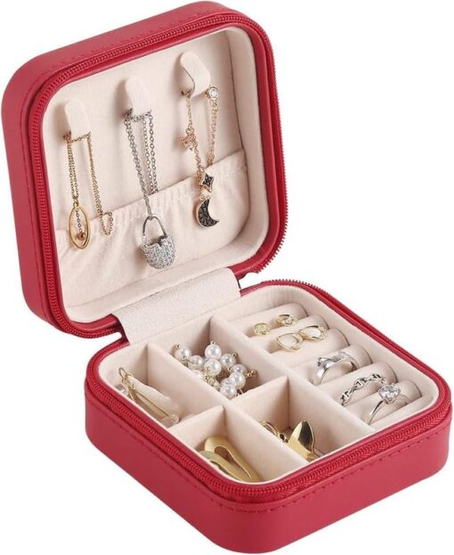 KARDIFF Faux Leather Mini Jewelry Travel Case Small Travel Jewelry Organizer Portable Jewelry Box Travel Mini Storage Organizer Portable Display Storage Box For Rings Earrings Necklaces Gifts (Red)