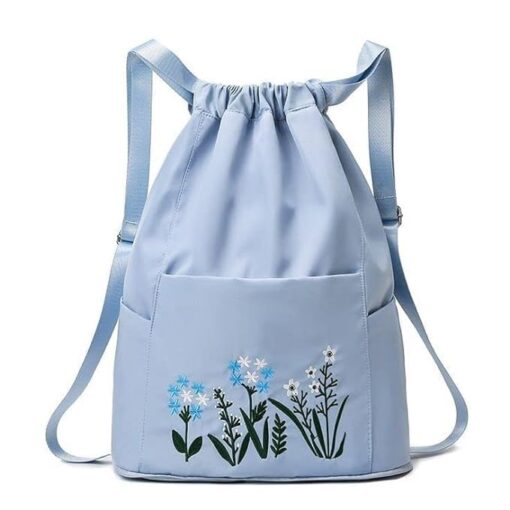 KARDIFF Unique Foldable Embroidery Flower Print Backpack Travel Drawstring Waterproof Bag Women Outdoor Gym College Back Bag Girl Travel Bag || Dry and Wet Separation || Duffel Bag (Blue)