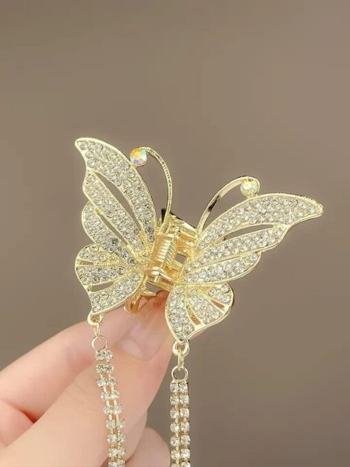 KARDIFF Rhinestone Tassel Butterfly Hair Claws Metal Hair Clutcher | Large Metal Pearl Butterfly Hair Claw Clips for Women's and Girl's (Golden) (Small)