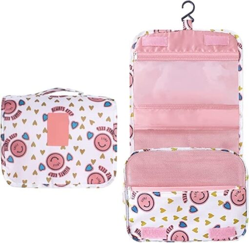 KARDIFF Toiletry Bag Portable Hanging Travel Kit Bag Cosmetic Make up Organizer Multifunction Makeup Pouch for Women and Girls Waterproof Ladies Case Travelling Storage Brush Kit Holder (White Smile)