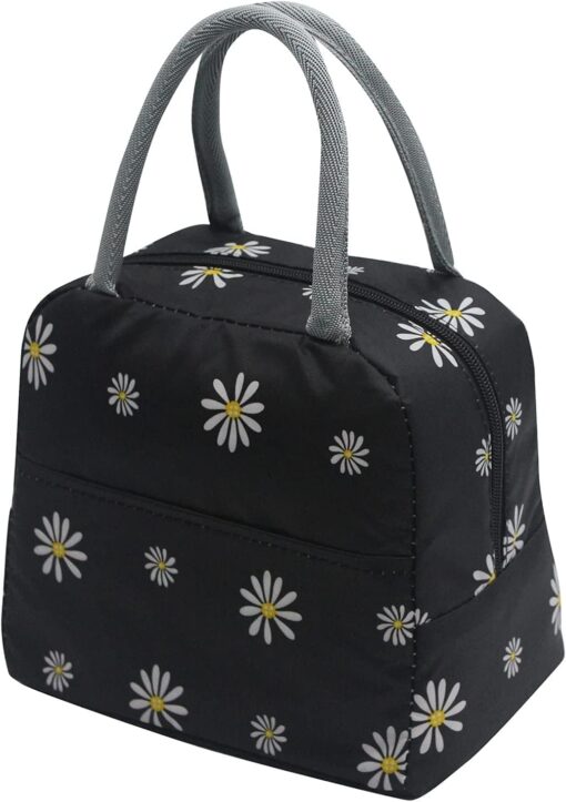 KARDIFF Aluminium Insulated Lunch Bag For Women Small Lunch Leakproof Bag For Office, Work, School, Picnic Beach, Office, Outdoor, Gymor Travel (Black Flower), 5 liter
