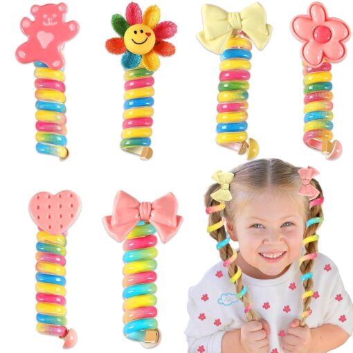 KARDIFF4 Pcs spring Telephone Wire Hair Band for Kids Elastic Spiral Hair Ties for Girls Cute Cartoon Braids Ponytail Holder Maker Kids Hair Accessories for Girls Children Gift