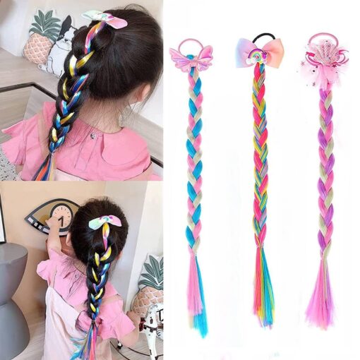 KARDIFF 3pcs Girls Braids Ponytails Hair Extensions, Rubber Band Ponytails Hair Bows, Glitter Colored Braid Hair Accessories, Synthetic Hairpieces for Kids Party Highlights Cosplay