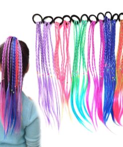 KARDIFF 12pcs Rubber Bands Hair Extensions for Girls Women, 17 Inch Colorful Braided Synthetic Hairpieces, Kids Ponytail Wigs Twist Braid Rope Hair Accessories