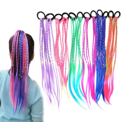 KARDIFF 12pcs Rubber Bands Hair Extensions for Girls Women, 17 Inch Colorful Braided Synthetic Hairpieces, Kids Ponytail Wigs Twist Braid Rope Hair Accessories