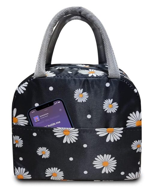 KARDIFF Insulated Lunch Bag for Kids, Women Small Lunch Leakproof Bag for Office, Work, School, Picnic Beach, Office, Outdoor Picnic Bag (Black Flower)