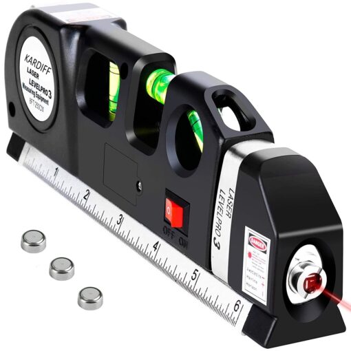 KARDIFF Multipurpose ABS Laser Level Line Tool Kit | Standard Cross | leveler Beam with Metric Rulers 8ft/2.5M for Picture Hanging cabinets Tile Walls (Black)