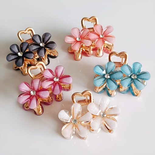 KARDIFF Elegant Crystal Flower Hair Claw - Medium Size, Alloy Flower Clip For Women & Girls, Cute & Stylish Side Hair Accessory 6pc