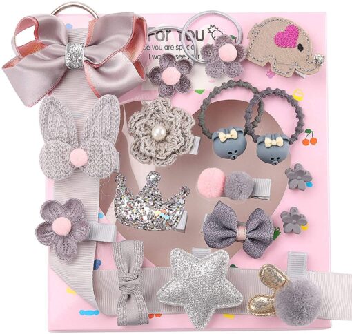 KARDIFF Baby Girl's Hair Clips Cute Bows Elastic Hair Ties Accessories Ponytail Hairpins Set For Baby Girls Teens Toddlers, 18 pieces Pack, Grey